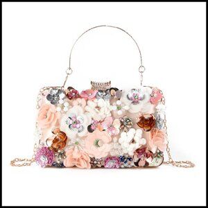 Floral Rhinestone Evening Clutch Elegant Wedding Party Bag Detachable Chain
